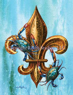 Blue Crabs climbing on a crusty bronze "fleur-de-lis"